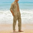thumbnail image 4 of HaiMao Men 2 Piece Linen Sets Outfits Clearance Pants Button Down Long Sleeve Shirts Casual Beach Wedding Fashion Sets Khaki L(L), 4 of 8