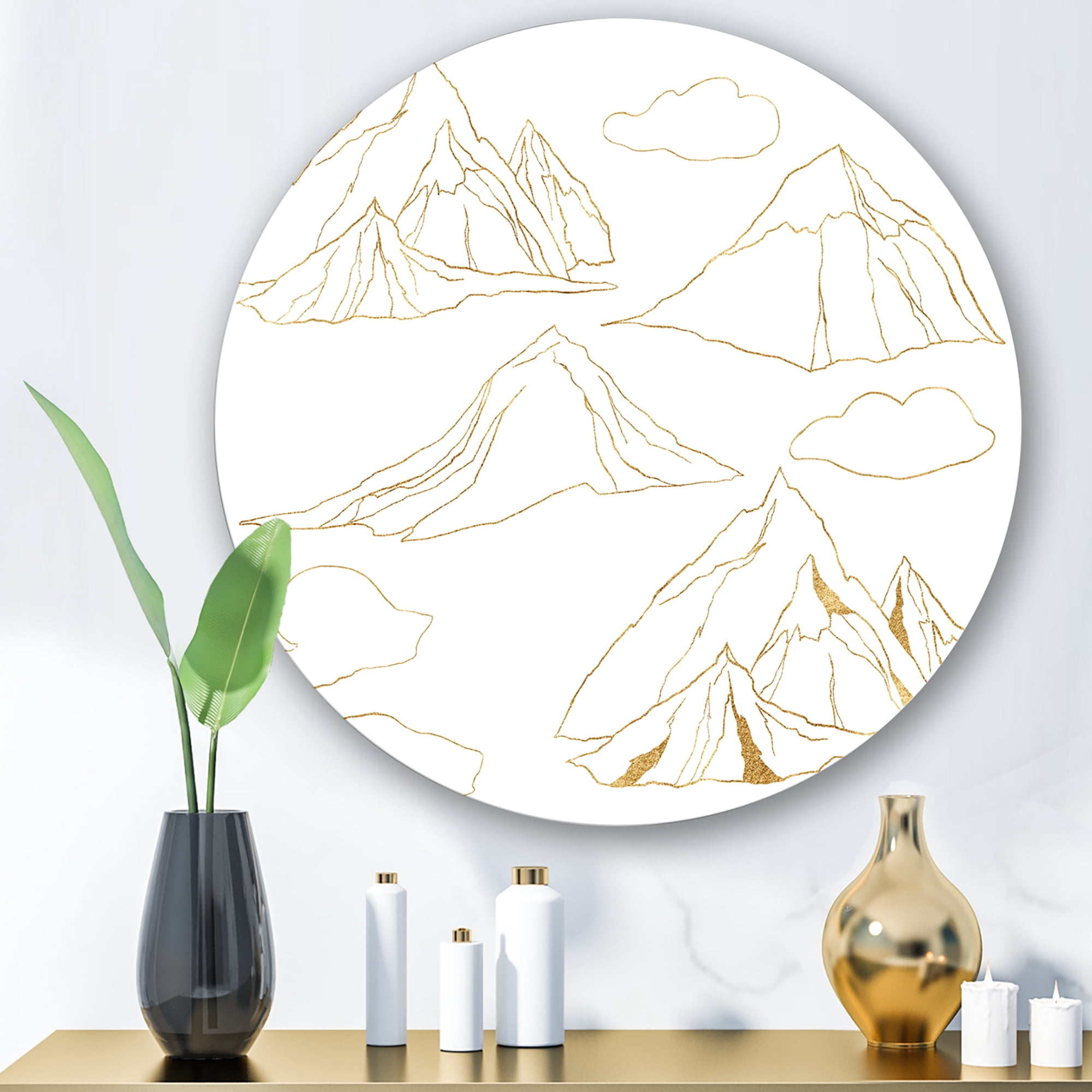 Designart 'Minimalistic Gold Linear Set Of Clouds and Mountains' Modern Circle Metal Wall Art 23x23 - Disc of 23