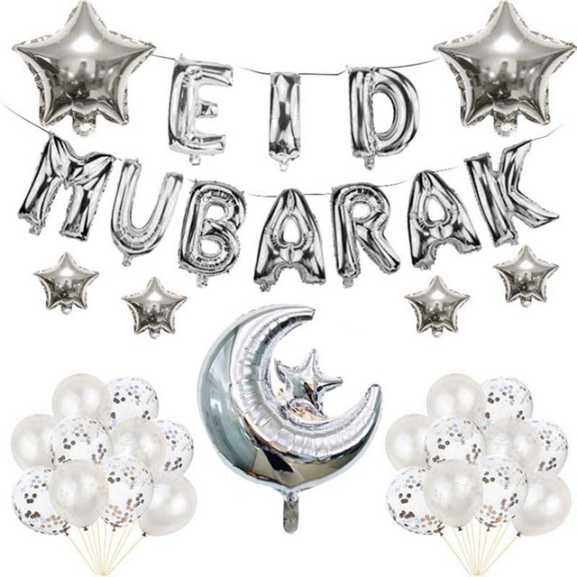 1 Juego de Globos de papel de aluminio con letras Eid Mubarak, decoraciones de Ramadán Kareem, Globos de helio de luna y estrella 2023, suministros para fiestas islámicas musulmanas, regalo Tan Jianjun unisex