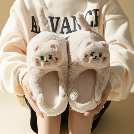 

AXXD Sandals Women Autumn And Winter Woolen Slippers Hugging Cat Cartoon Cute Couple Cotton Slippers(5.5 Beige)