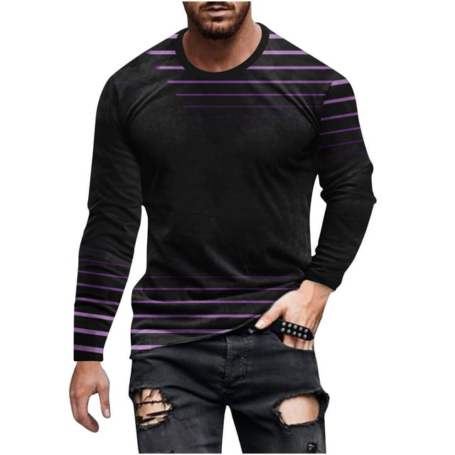 Birdeem T-Shirts à Manches Longues pour Hommes, Col Rond Décontracté, Chandail à Manches Longues, T-Shirt Imprimé Rayé, Blouse, Hauts T-Shirts à Manches Longues pour Hommes