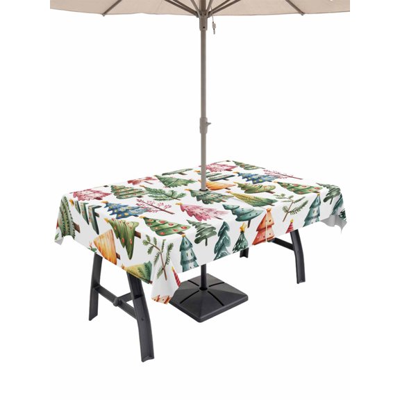 Outdoor Tablecloth with Umbrella Hole and Zipper, Christmas Trees Rectangle Table Cloth 60x84 Inch Waterproof Tablecloth, Winter Xmas Colorful Pine Branch Plant Picnic Table Cover for Patio Camping