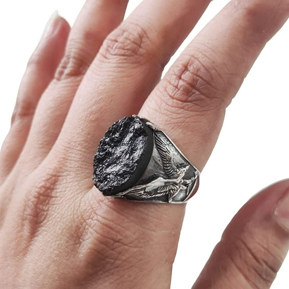 Rough Black Tourmaline Mans Ring, Natural Black Tourmaline, Eagle Silver Jewelry, 925 Silver Ring, Birthday Gift, Heavy Mens Ring, Arabic Design, Ottoman Style Ring, Christmas, Turkey Mens Signet Ring