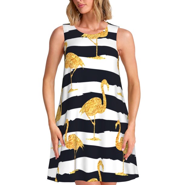 Fotbe Gold Flamingo Vestido de Verano sin Mangas para Mujer – Vestido Midi Línea A, Estilo Camiseta Floral, Vestido Playero Casual y Fluido