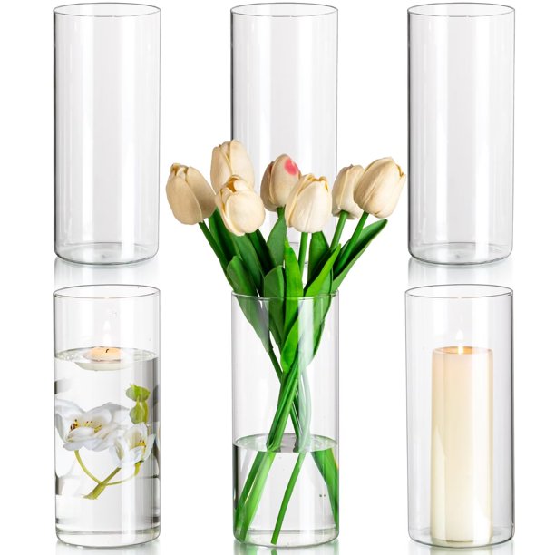 Glasseam 3.3x8 Inch Glass Cylinder Vases Set of 6 Clear Floating Pillar