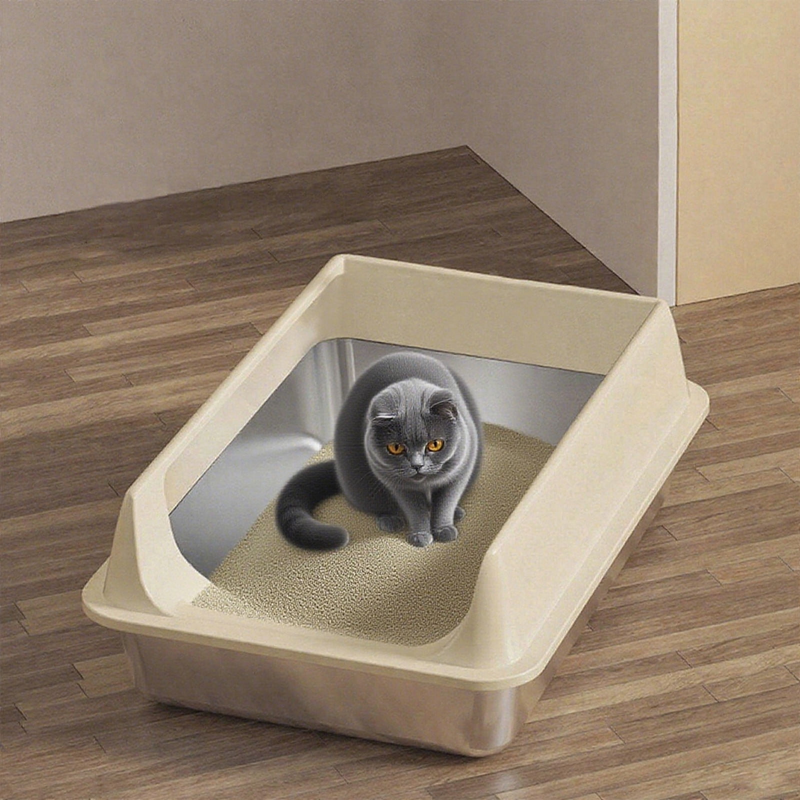 Cat Litter Tray - 15 Inch Litter Box for Easy Cleaning, Comfortable with Non Slip Function, Kitten Toilet for Cats Kittens Home Apartment Daily Indoor Use Hygiene and Training Stainless Steel Black
