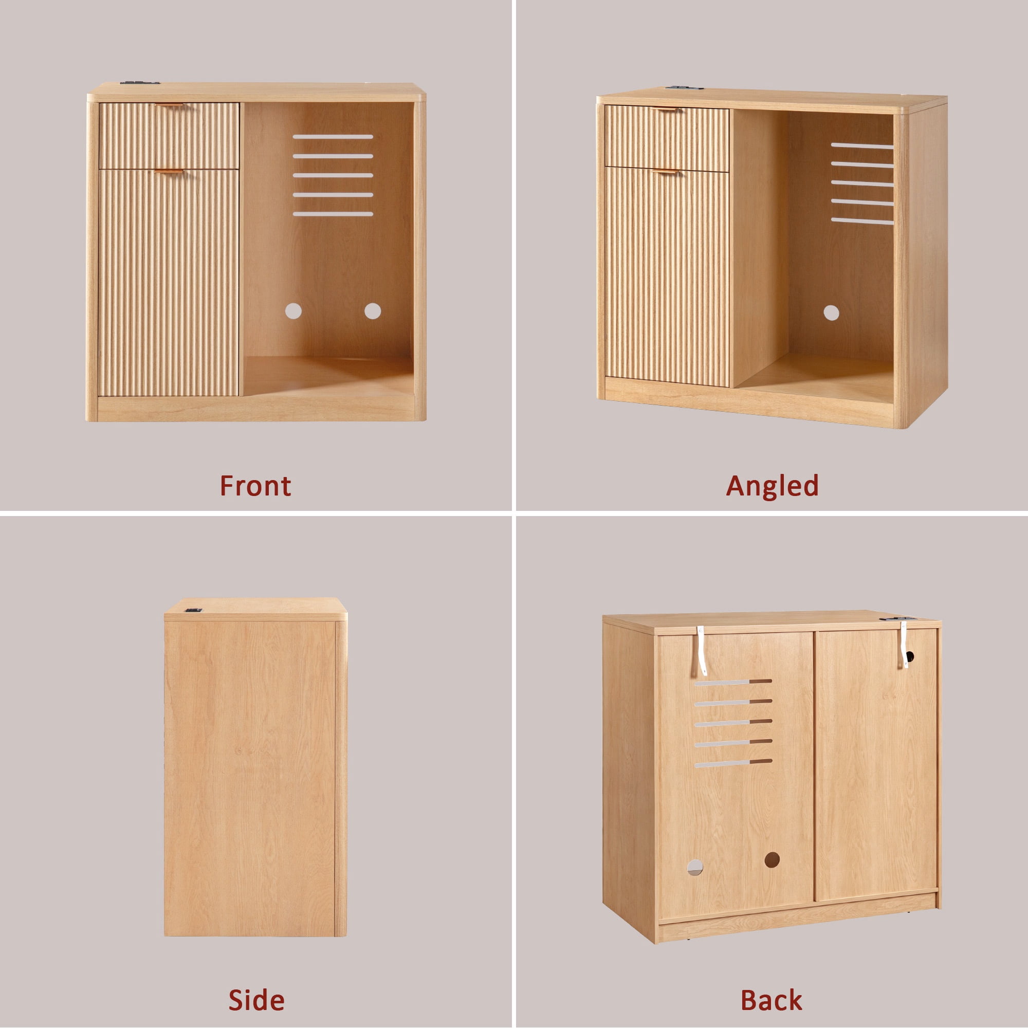 PORKISS Coffee Bar Cabinet with Fridge Space, Fluted Mini Fridge Cabinet with Power Outlets, Drawer & Adjustable Shelf, Modern Liquor Cabinet with Wine Glass Rack for Living Room/Kitchen, Natural