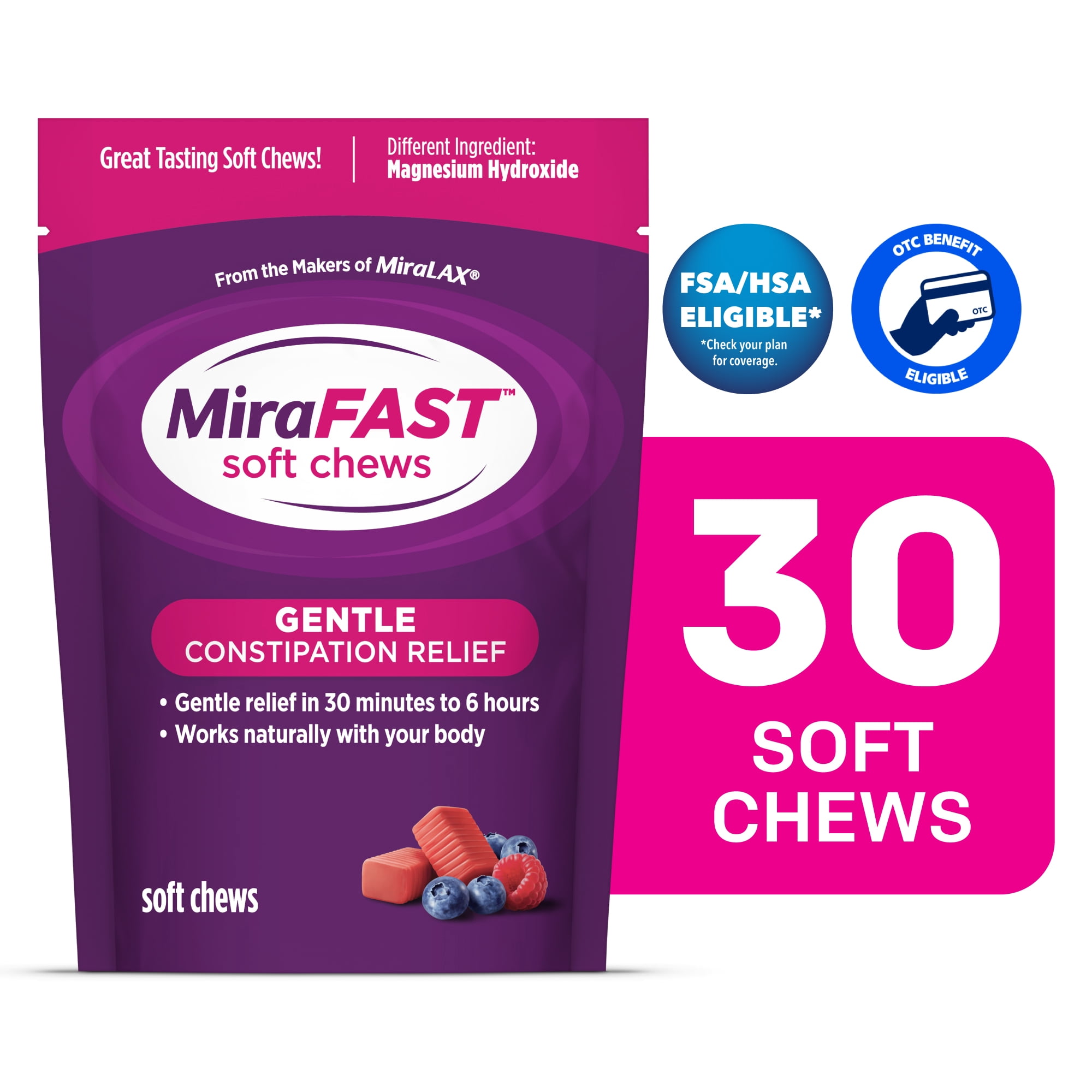 (2 pack) MiraFAST Soft Chews, Gentle Constipation Relief for Kids & Adults, Fast Acting Laxative, Mixed Berry Flavor, 30 Ct