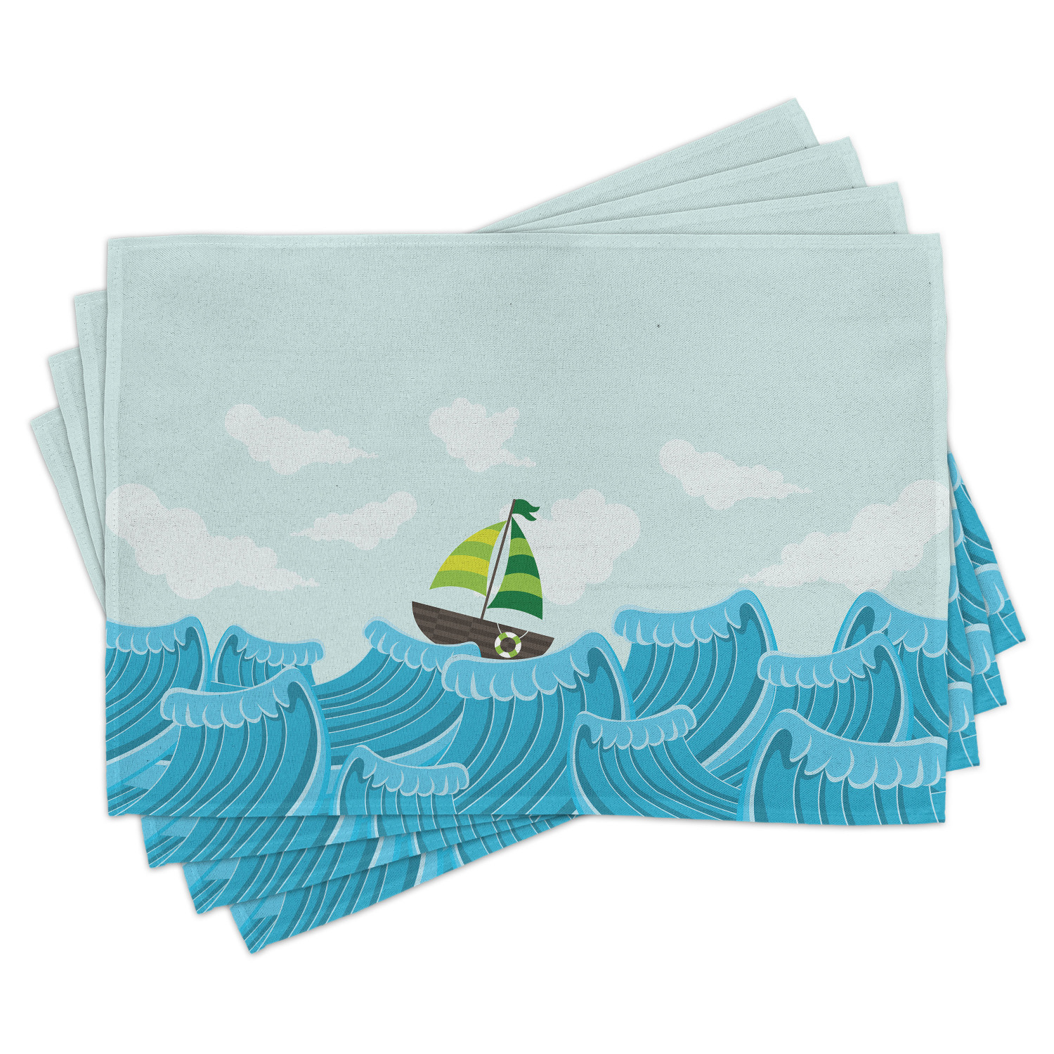 Ocean Placemats Set of 4 Sailing Boat on the Sea Life with Waves and