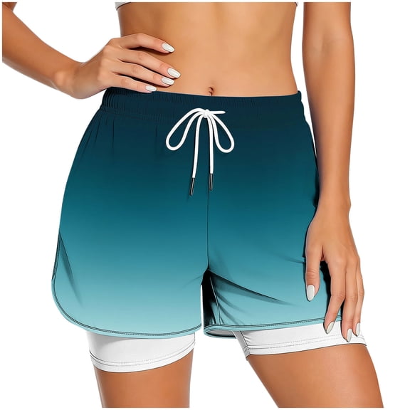 LEKWK Athletic Shorts for Women with Liner High Waisted Drawstring Gradient Swim Trunks Loose Fit Casual Workout Shorts for Gym Yoga Running