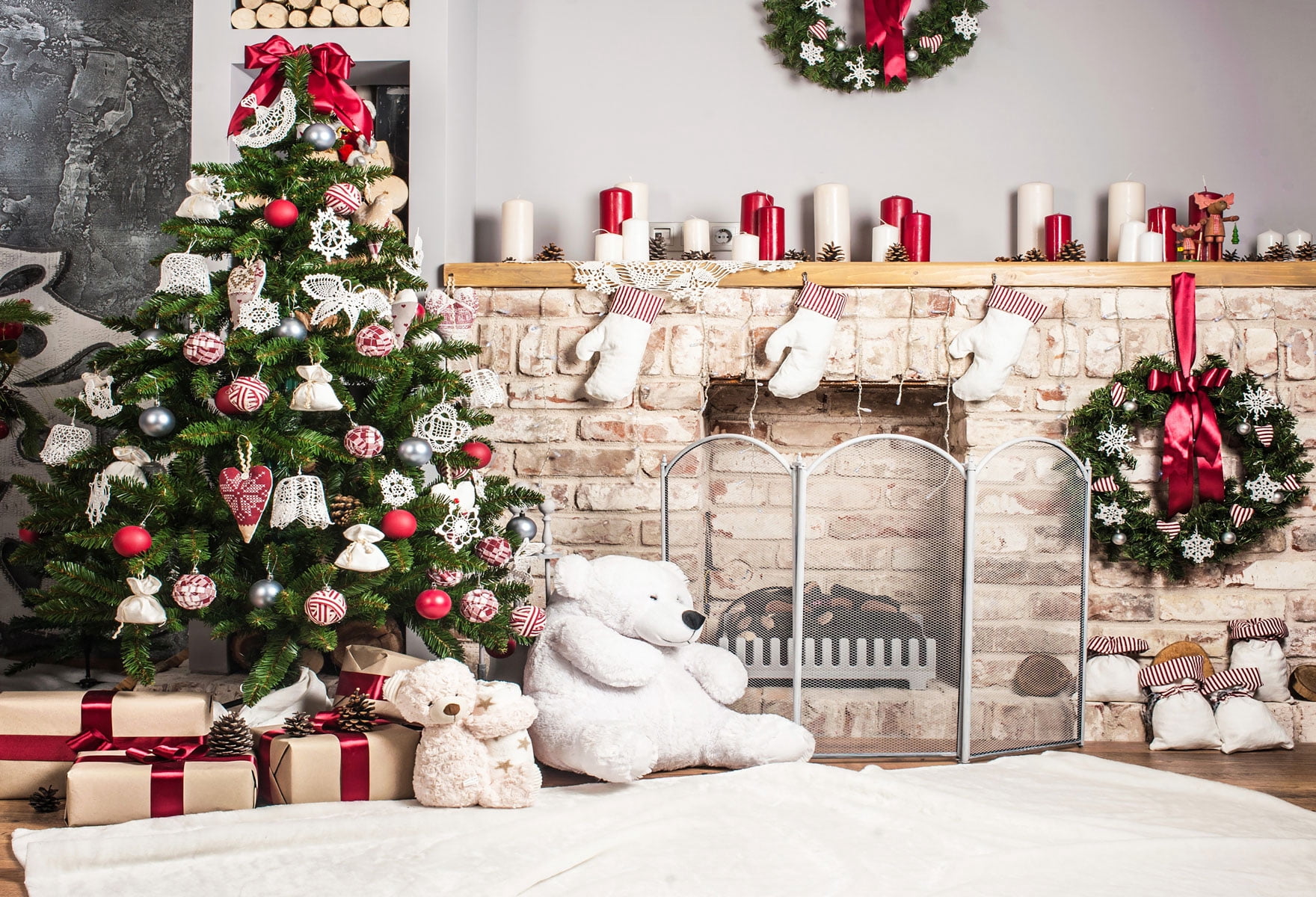 Kate 10x10ft Christmas Photography Backdrop White Brick Fireplace Bear ...