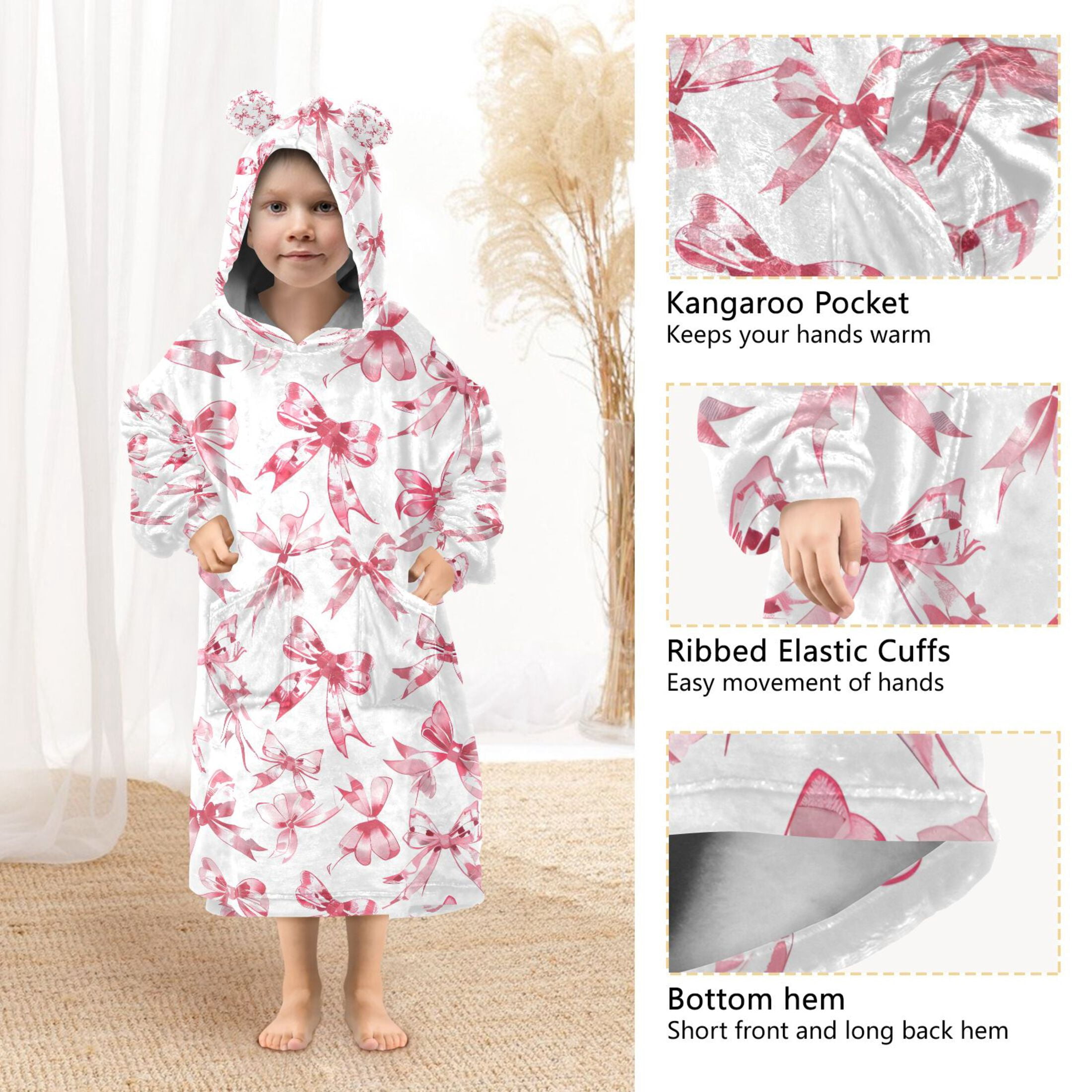 joogoo Blanket Hoodie for Bows Pink Oversize Sweatshirt 3-14 YR L