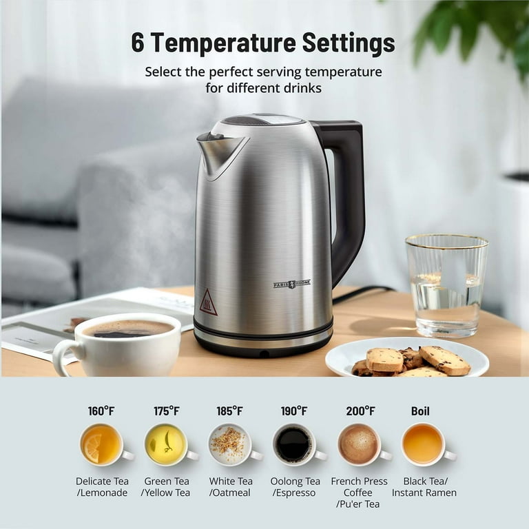 Paris Rhône Stainless Steel Electric Kettle, 1.7L Kettle with 6 Temperature  Settings, Strix Thermostat, Touch Control, Silver 