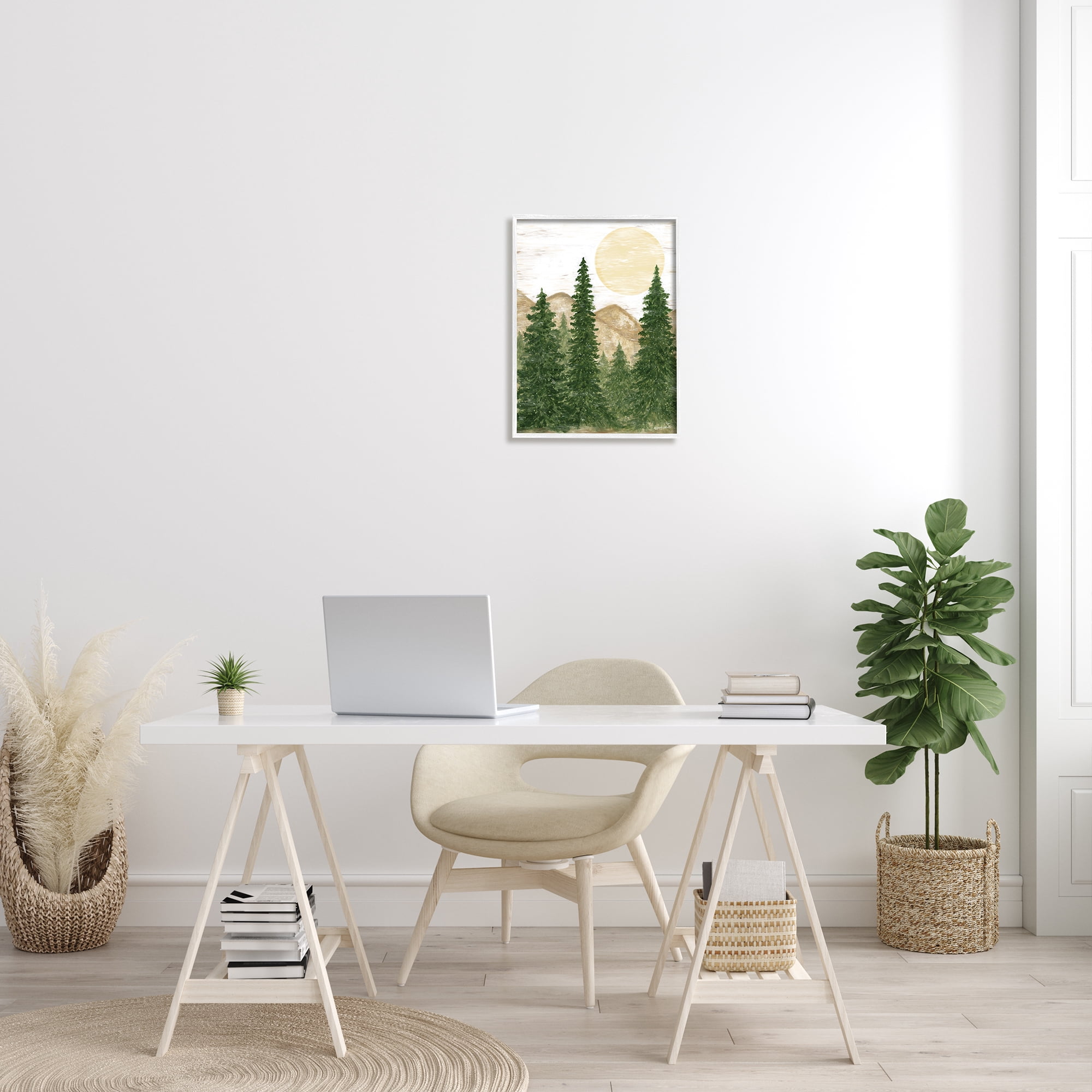 Stupell Rustic Mountain Sun Forest Trees Landscape Painting White Framed Art Print Wall Art
