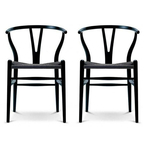 2xhome Black Wishbone Wood Wooden, Woven Seat Dining Chair Black