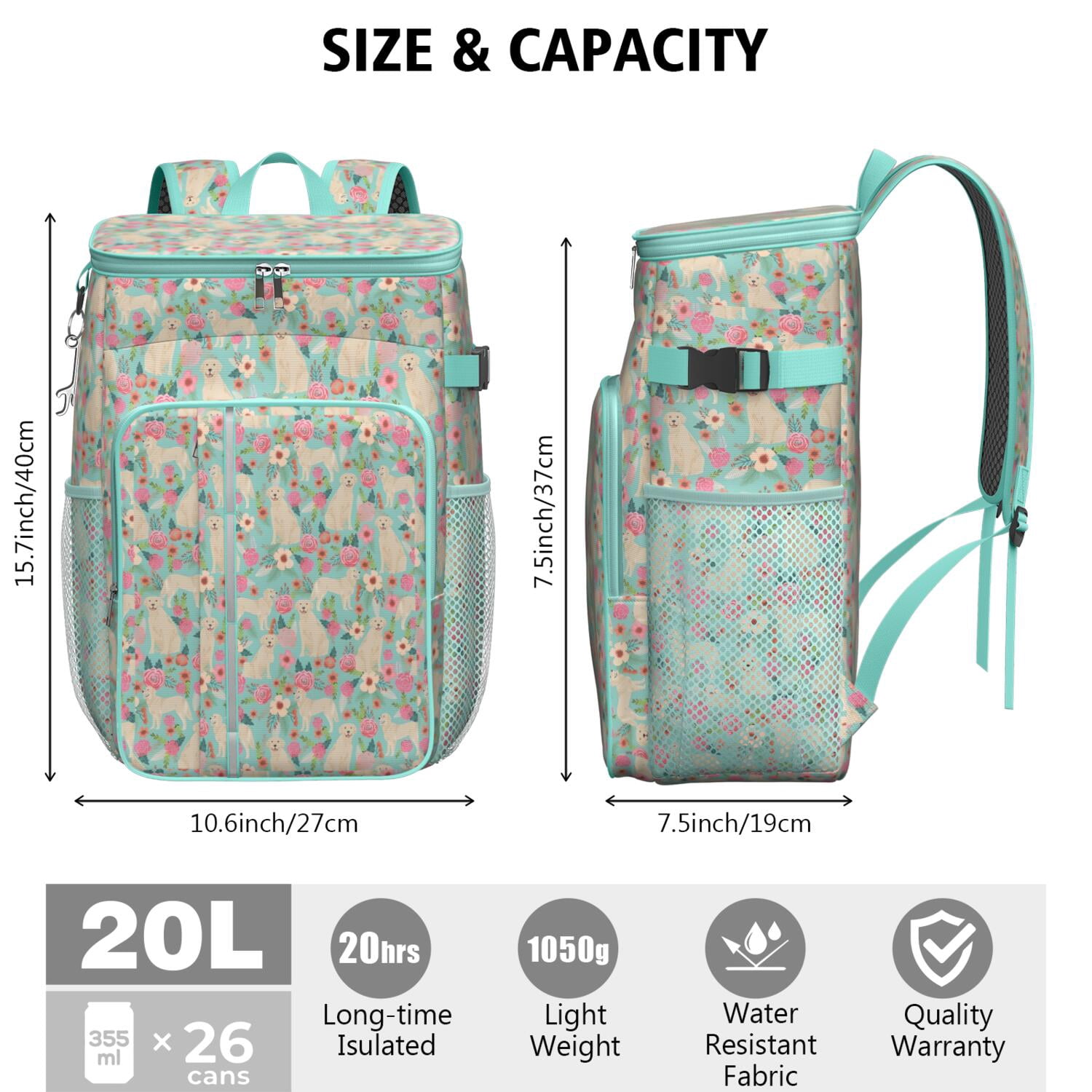 Travel Cooler Bag - Golden Retriever Dog and Flowers Camping Beer Cooler Backpack with Bottle Opener- Waterproof Insulated Picnic Backpacks - Cooler Bag for Beach