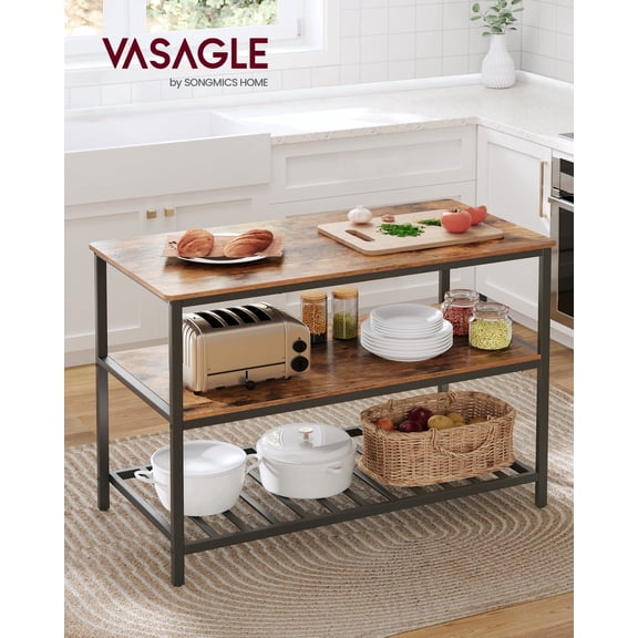 Kitchen Island with 3 Shelves, Island Table, 47.2 Inches Width Kitchen Shelf with Large Worktop, Stable Steel Structure, Industrial