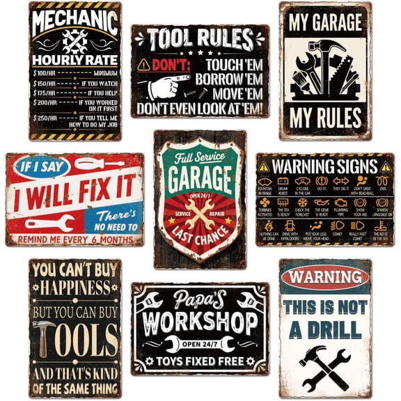 9 Pcs Vintage Garage Signs Mechanic Accessories Man Cave Decor Funny Garage Metal Tin Signs My Rules Car Wall Decor 8 X 12 Inch