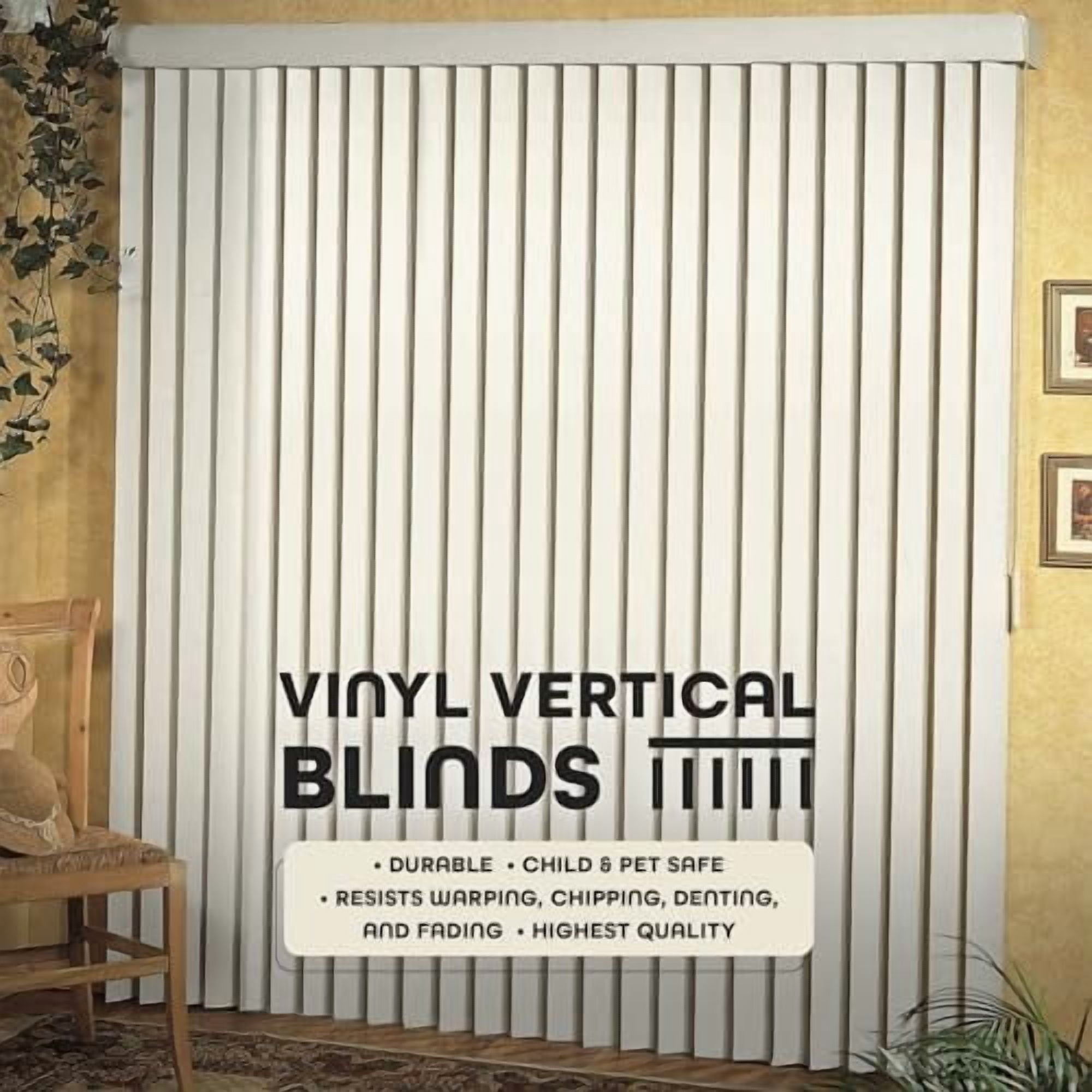 Vertical Hard Window Patio Blinds - Alabaster, 84" L x 78" W Ribbed & 3-1/2-Inch Vane - Easy Installation for All Patio Doors, Hardware Included - Aluminum Track for Durability, An