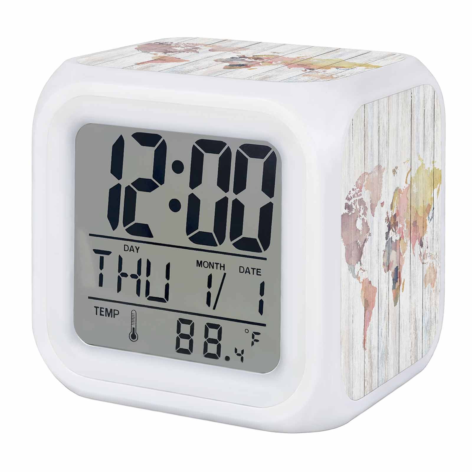Maps Of The World Alarm Clock, Retro Earth Tourism Map Grey Wood Grain Digital Clock Night Light with 7 Color, Calendar Temperature Display, LED Desk Small Clock for Bedrooms Bedside Living Room