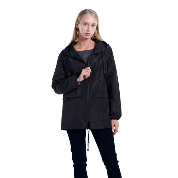 WBQ Women's Waterproof Rain Jacket Lightweight Outdoor Windbreaker Rain Coat Shell for Hiking, Travel Black Tag S/US 6