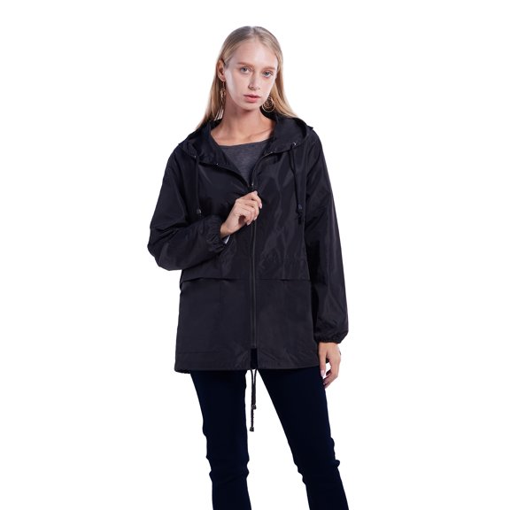 WBQ Women's Waterproof Rain Jacket Lightweight Outdoor Windbreaker Rain Coat Shell for Hiking, Travel Black Tag S/US 6