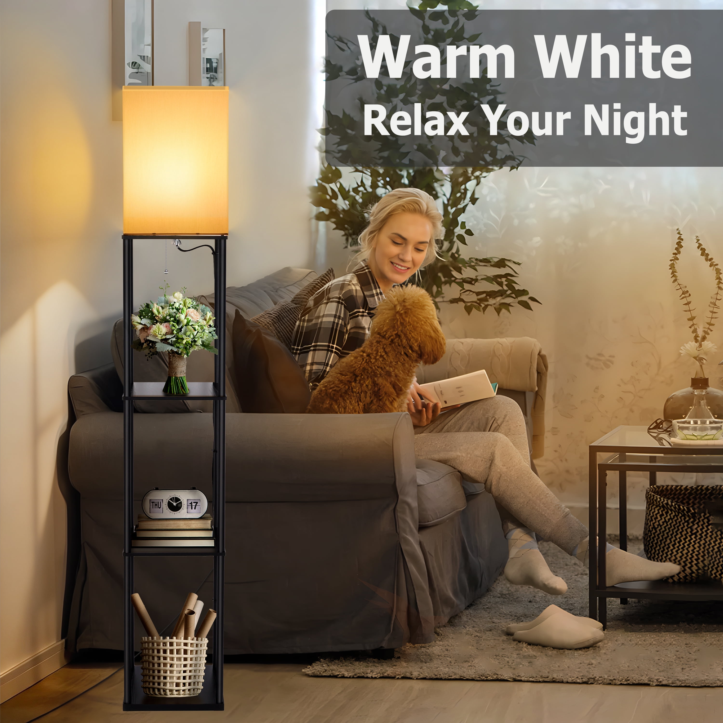 Coliware 63" Black Floor Lamp with Shelves, 3-Tier Wood Modern Standing Lamp with 3 Adjustable Color Temperature, Corner Display Bookshelf for Living Room Bedroom, LED