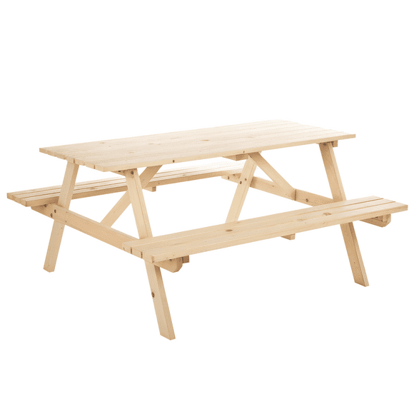 Outsunny Wood Picnic Table Set with Built-in Benches Umbrella Hole Natural