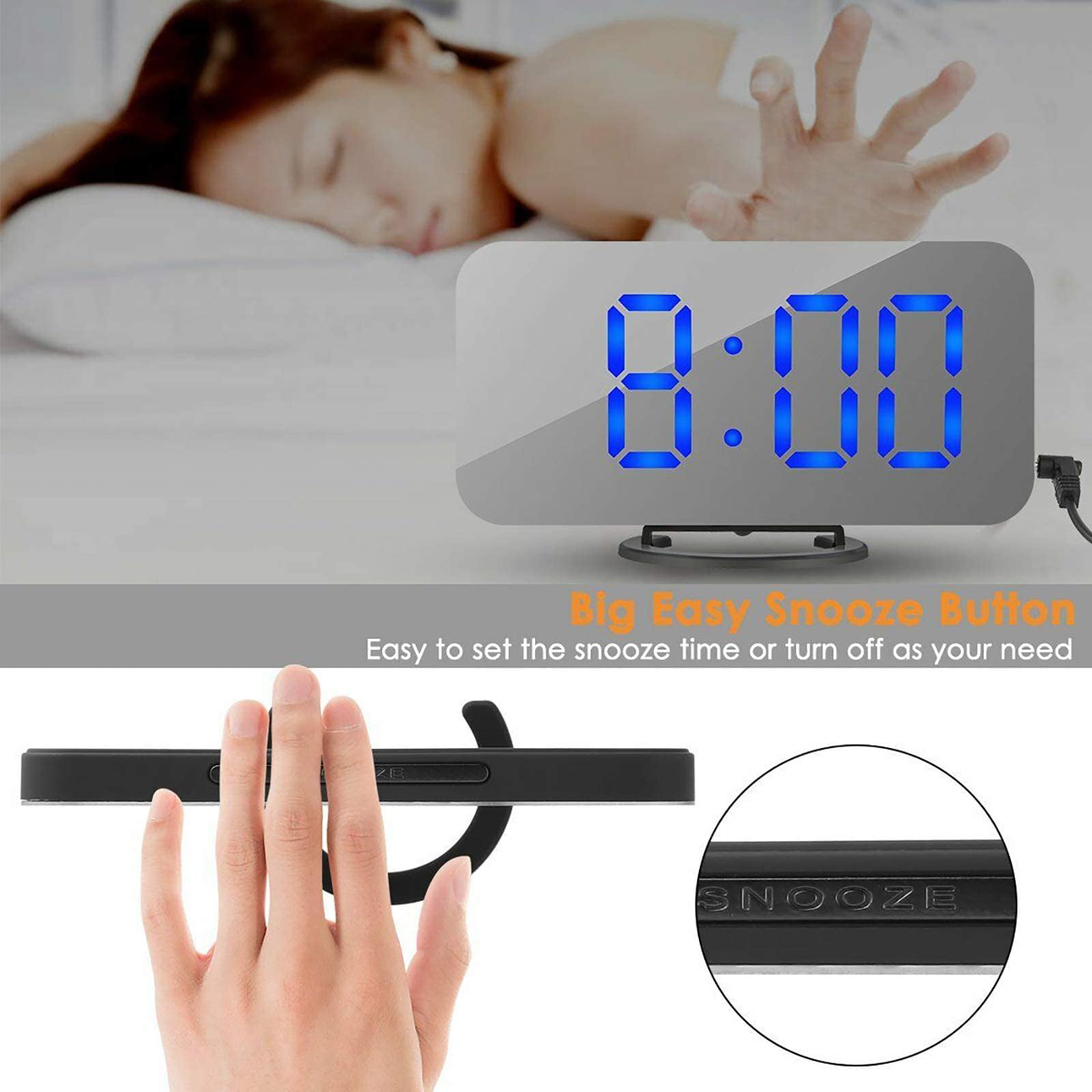 LED Digital Clock with 6.5 Large Display Alarm Clock Blue Digital Mirror Surface Clock for Bedroom Living Room Office Travel Diming Mode Easy Snooze Function Dual USB Charging Ports