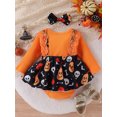 thumbnail image 3 of Cenuakty Baby Girls Halloween Romper Dress Long Sleeve Pumpkin Ghost Skull Print Romper with Bow Headband, 3 of 9