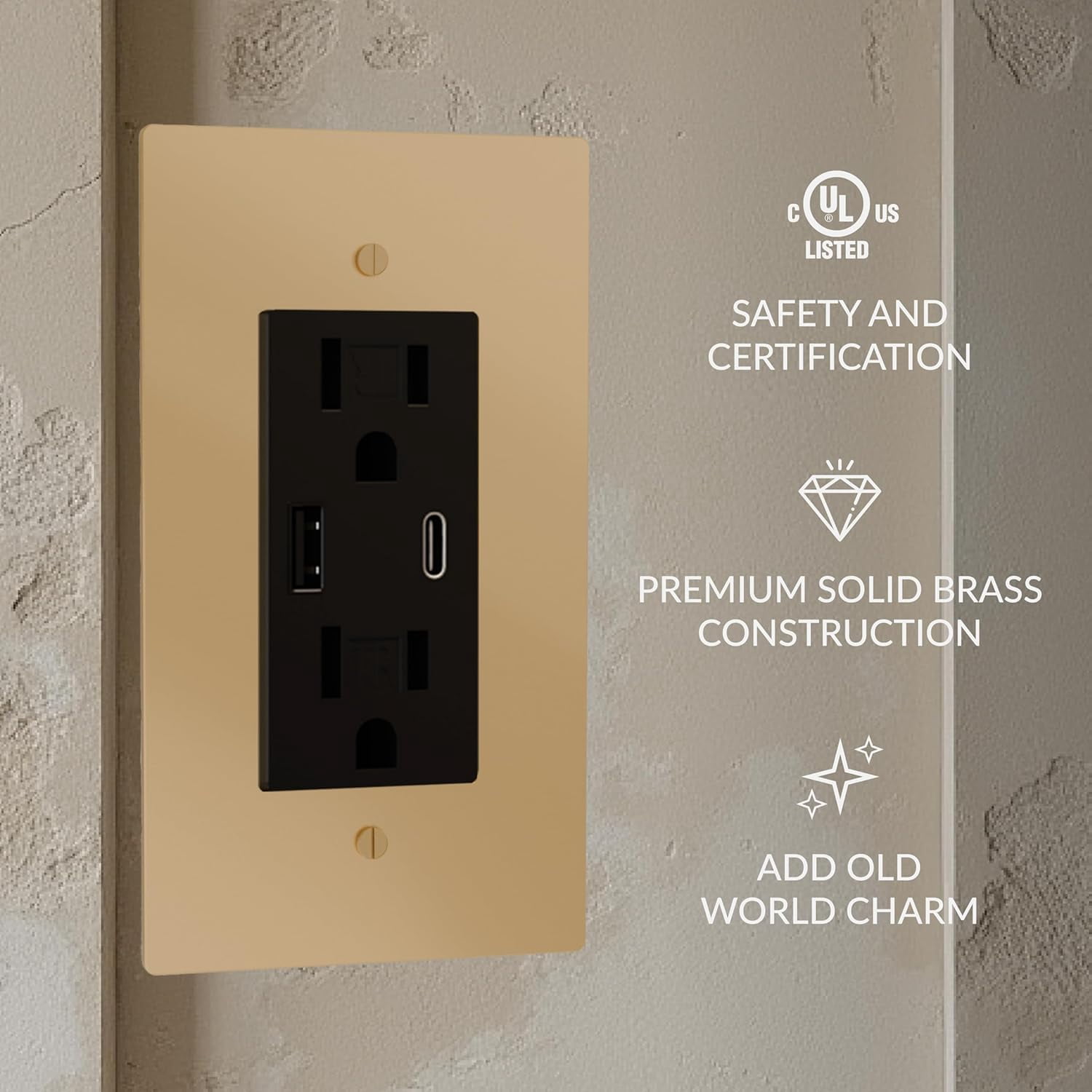 Solid Brass Outlet – Decorative Wall Plate for Standard Electrical Outlets – UL Listed | Residential & Commercial Use - Durable Heavy-Duty Brass, Easy Installation | 120 VAC - US Style