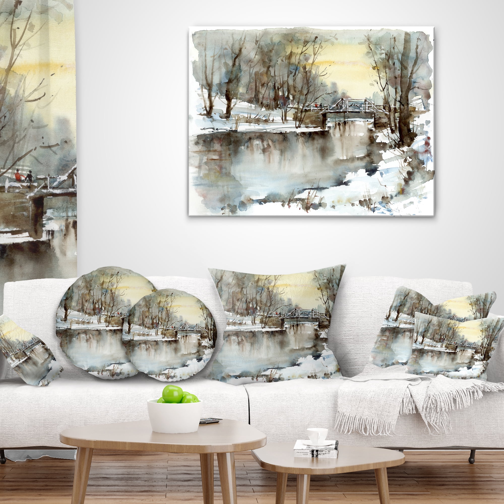 Designart White Bridge Over River - Landscape Printed Throw Pillow - 12x20
