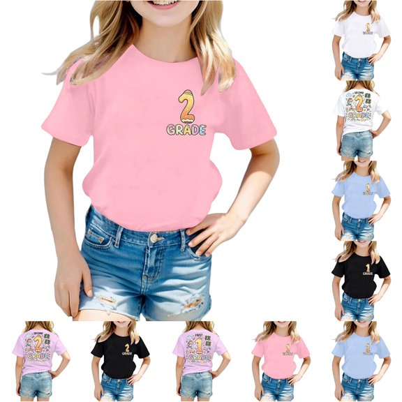 WhouRiu Girls Back To School T Shirts Short Sleeve Crew Neck Cartoon Graphic Tees Kids Comfortable Cute Casual Tshirt,3-4 Years