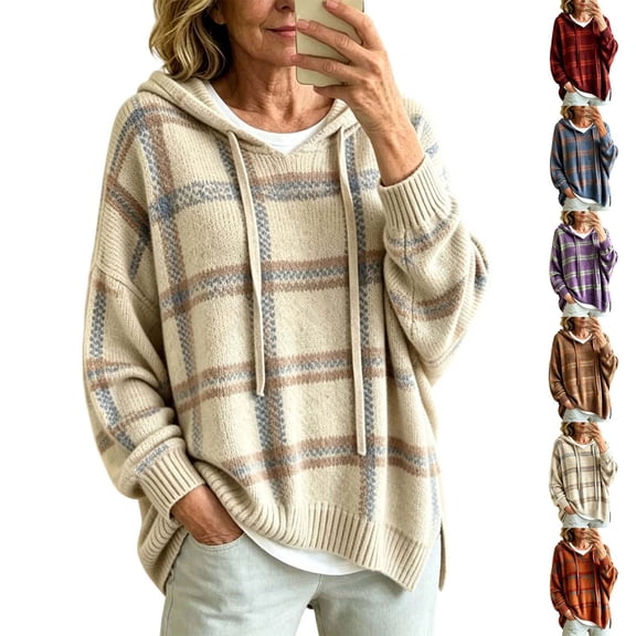 KHONTS Knit Hooded Sweater for Women Long Sleeve Side Slit Boggy Hoodies Casual Fall Winter Plaid Pullover Tops XL