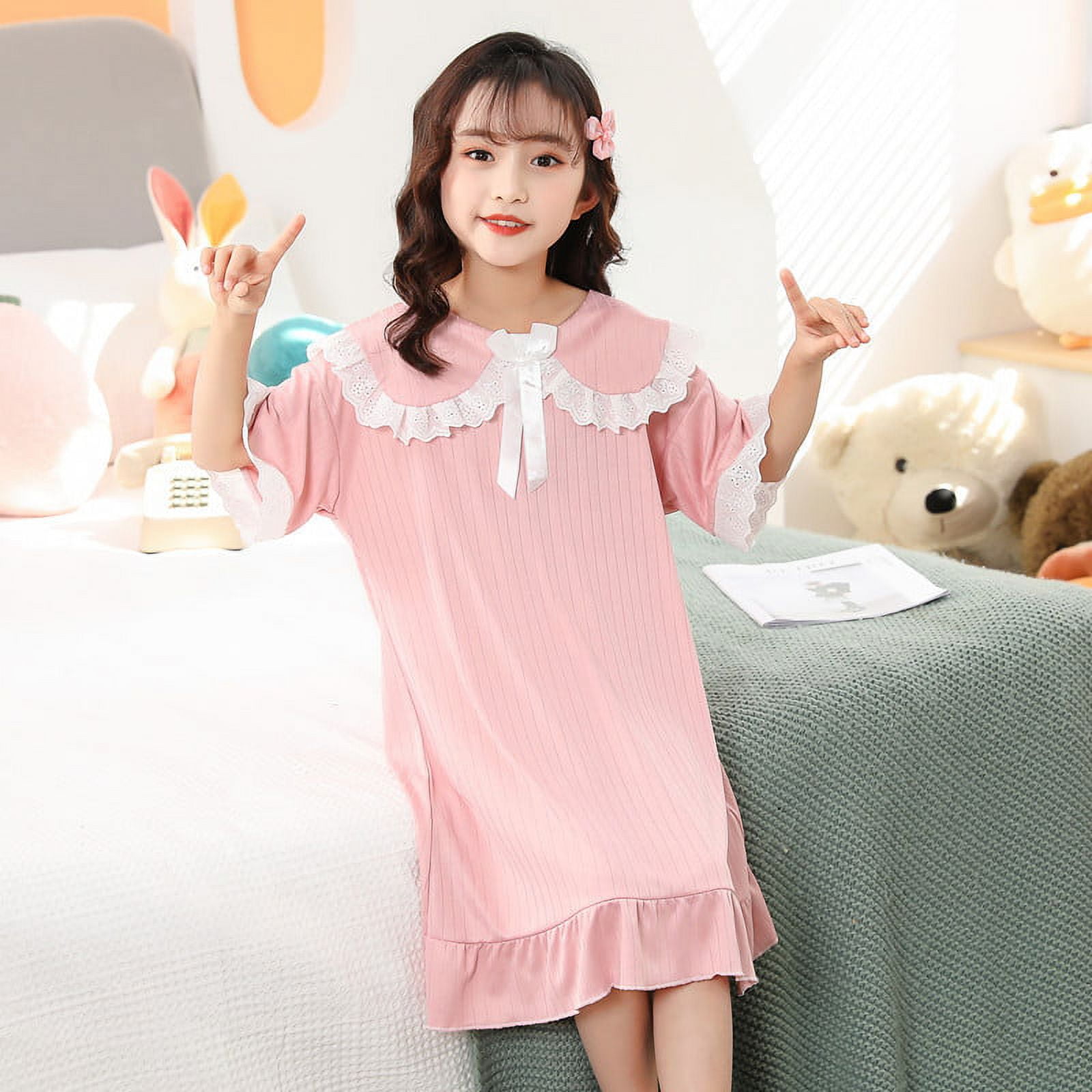 Girls Short Sleeve Pajamas Cute Lazy Day Print Nightdress Pajamas pink 18 150 155cm