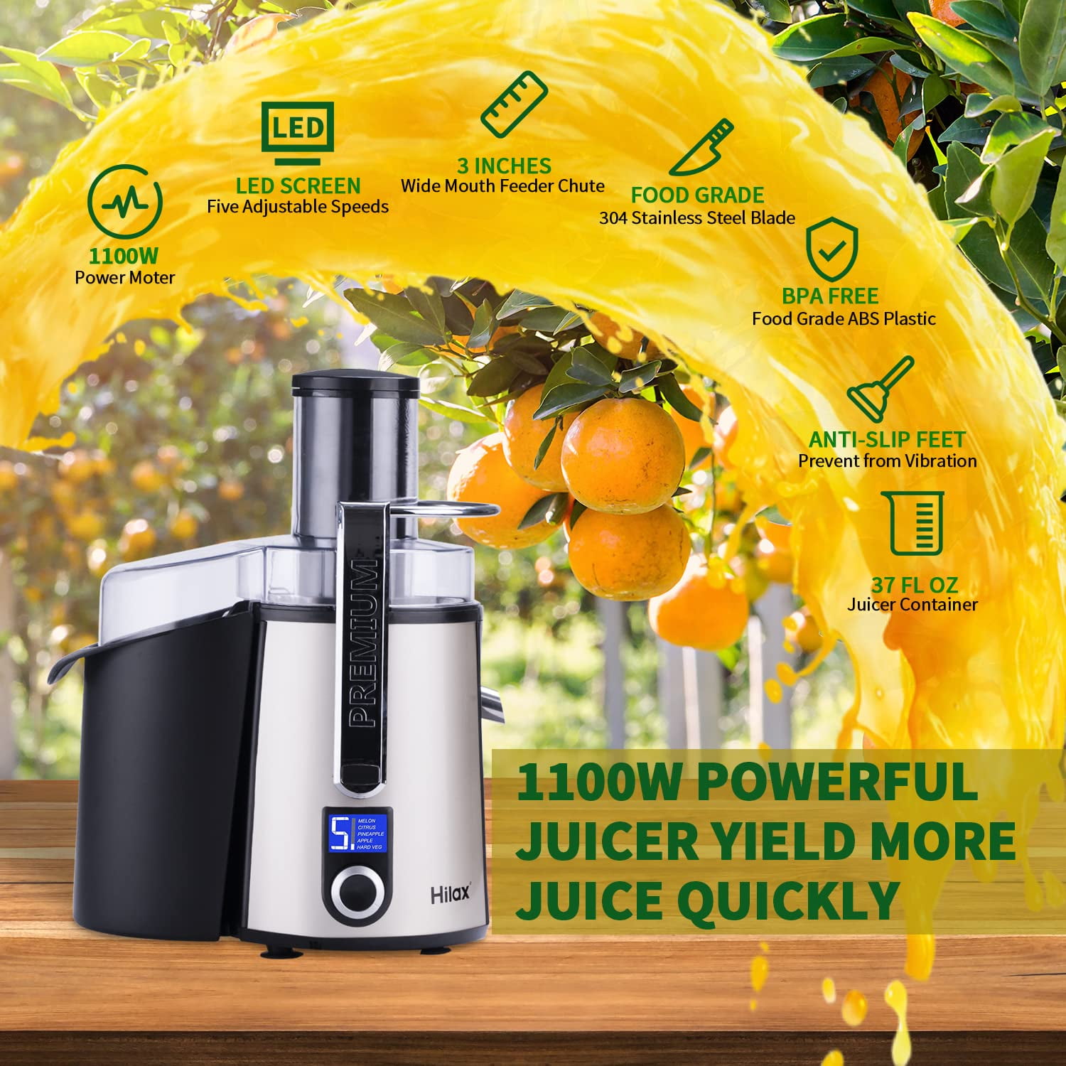 Hilax 5-SPEED Centrifugal Juicer Machines Vegetable and Fruit,1100W Juice Extractor with 3" Feed Chute,BPA Free,Easy to Clean,High Juice Yield,Champagne