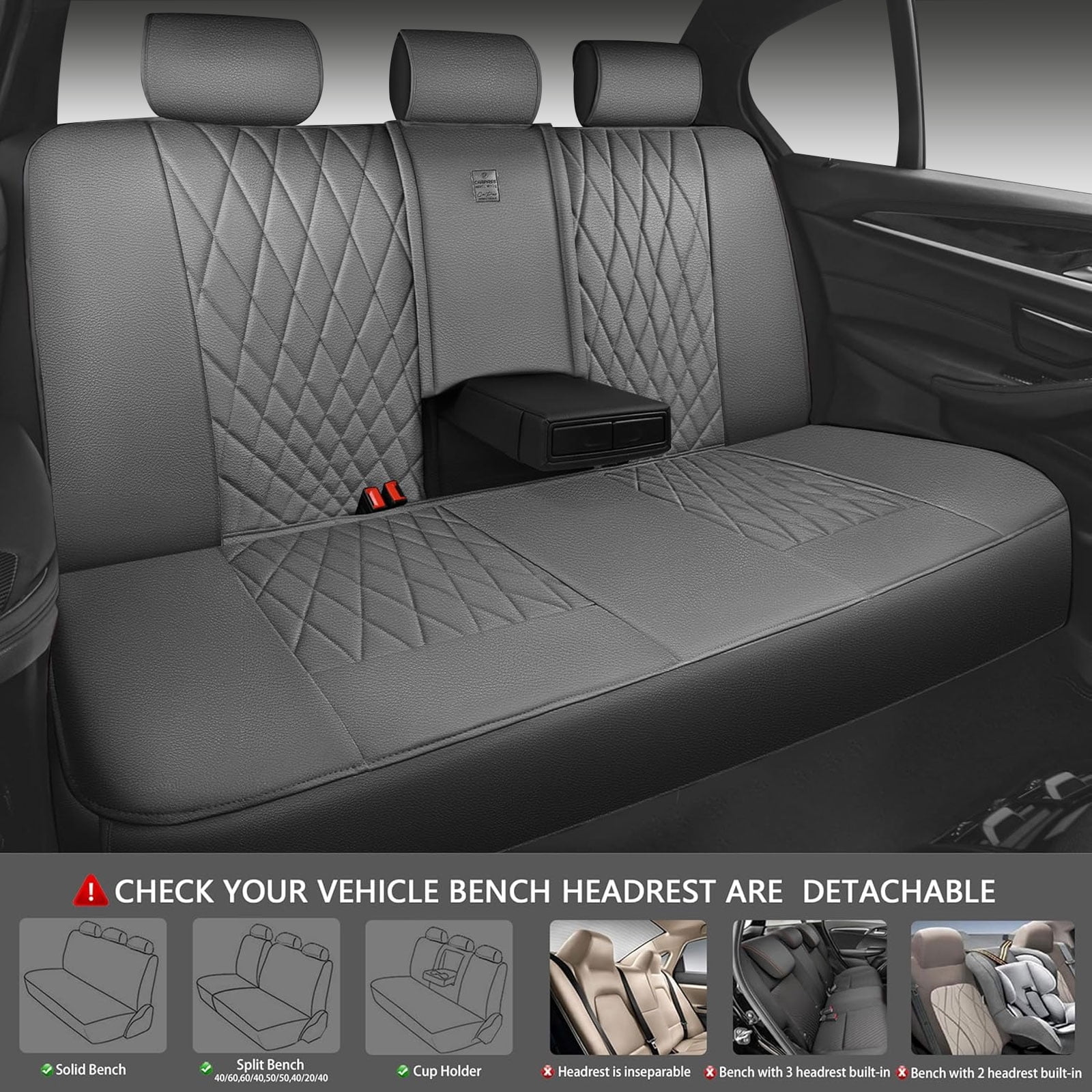 CAR GRAND Piping Luxury Faux PU leather Full Set Car Seat Covers Water Proof Armrest Airbag Compatible Universal Fit SUV VAN Truck All gray