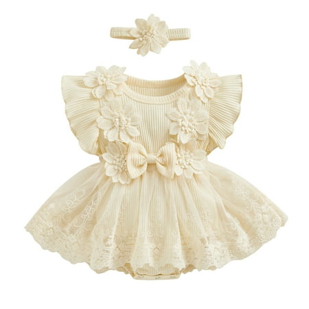 

Infant Baby Girls 2 Piece Outfits Round Neck Mesh Lace Flower Printed PatchworkRuffle Romper Dress and Headband Set Cute Fashion Summer Clothes For Baby Girls At 0 To 18 Months