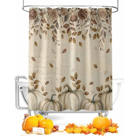 Fall Shower Curtain White Pumpkin Bathroom Curtains with Hooks, Waterproof Fabric Rose Fallen Leaves Linen Thanksgiving Bath Shower Curtains Set for Bathroom Bathtubs Decor 72x84 Inch