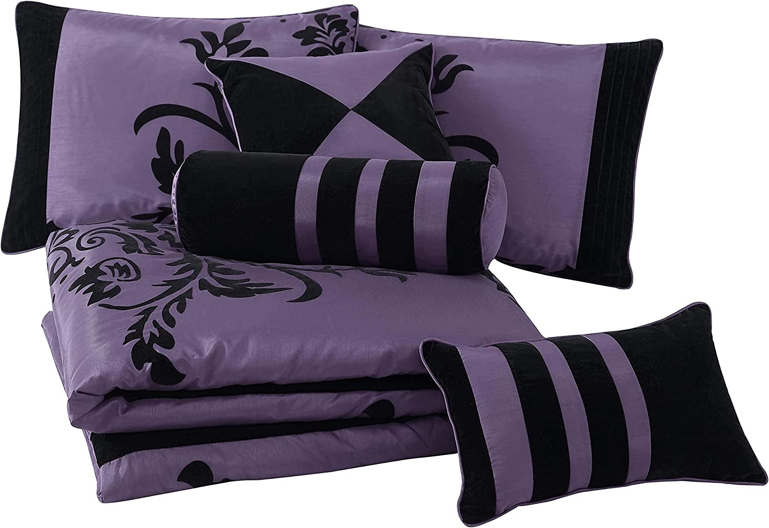 Chezmoi Collection Contemporary 7-Piece Luxury Flocked Floral Fabric Comforter Set, King, Violet