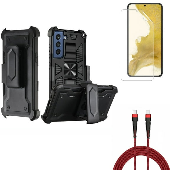 Matte Screen Protector & 10ft PD Cable & Case Belt Clip for Samsung Galaxy S22 (6.1") - TPU Film Anti-Glare & Type-C to USB-C Charger Cord & Holster Swivel Accessory Bundle