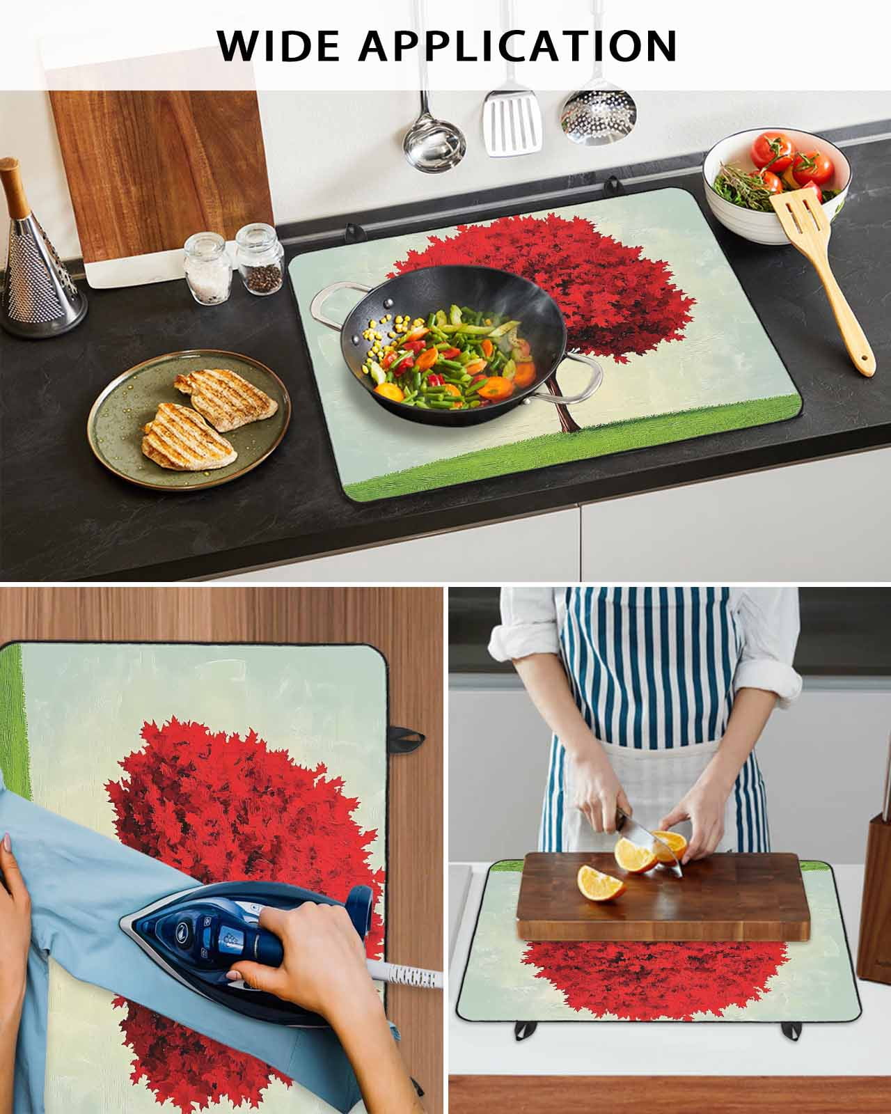 nqOlkjepod Large Induction Cooktop Protector Mat 36"x21", Red Tree Stove Top Covers for Electric Stove, Green Grass Gradient Sky Watercolor Decorative Stove Burner Cover Mats, Glass Top Stove Cover