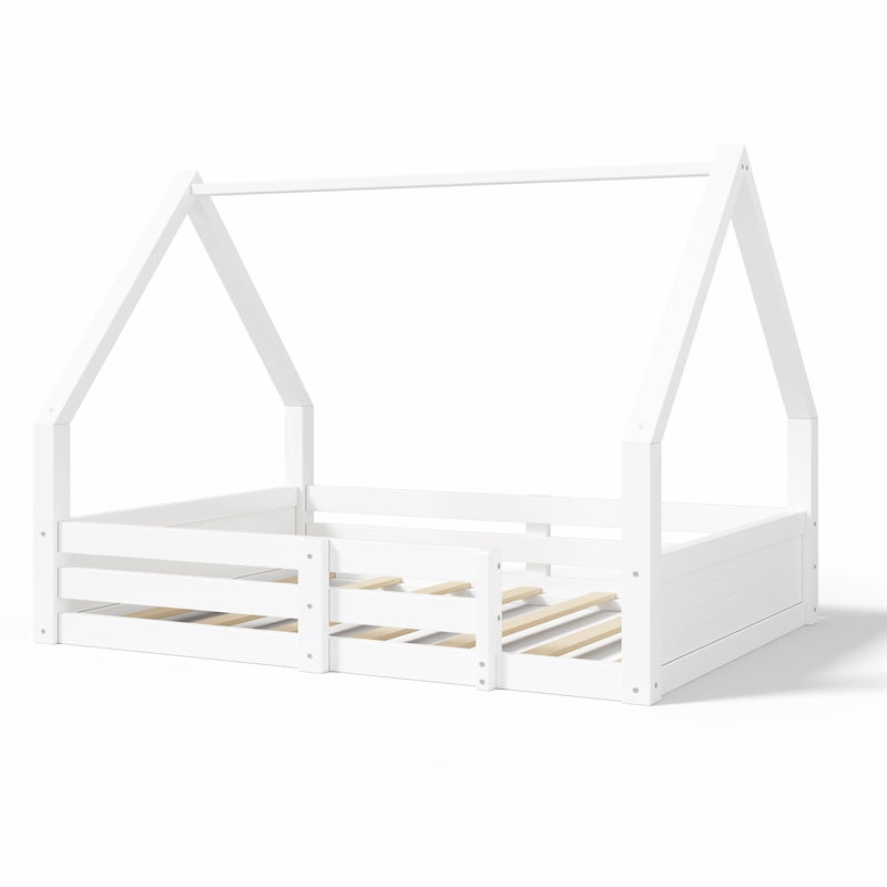 Euroco Wood Full Size Platform Bed, Low Profile House Floor Bed with Guardrails, White