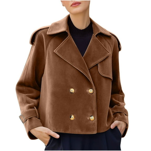 MaFYtyTPR Women's Fashion Jacket Casual Short Style Suede Solid Color Double Breasted Loose Long Sleeved Jackets Coffee L