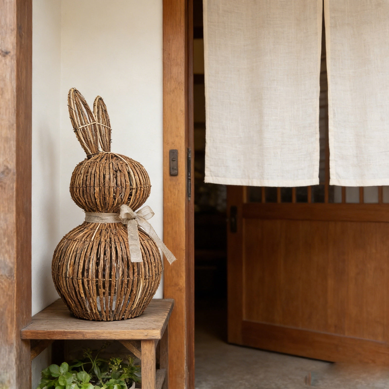 Easter Natural Rattan Hand-Woven Bunny Basket Decoration, Handcrafted Sustainable Material, Multi-Use Egg Treat Holder, Rustic Farmhouse Style, for Easter Party Home Decor Gifting Egg Hunts