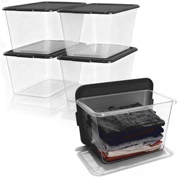 Storage Totes with Lids - 14.5-Gallon (58-Quart) 4-Pack Clear Plastic Storage Bins with Black Lids Storage Containers Large Storage Boxes Organizer for Home, Office, and Garage
