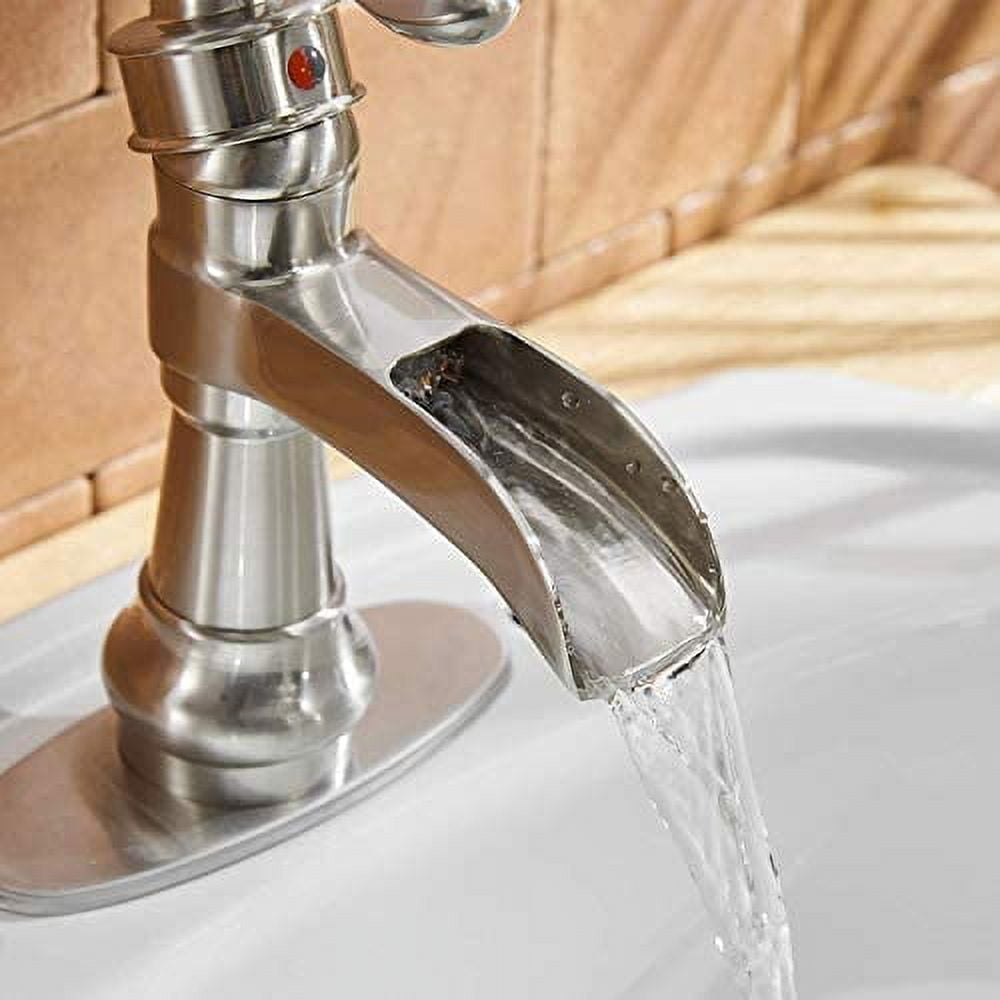 BWE Brushed Nickel Bathroom Faucet Waterfall Farmhouse Sink Mixer Tap Deck Mounted Single-Handle with Drain Assembly and Supply Hose Lead-Free Lavatory
