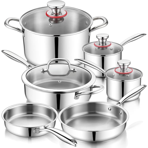 3-Ply Stainless Cookware Set of 6, 10-Pieces Pots and Pans Sets Stainless for Kitchen, Induction Multi Cooktops & Oven, Dishwasher Safe, Frying Pans, Saucepans, Saute Pan & Pot