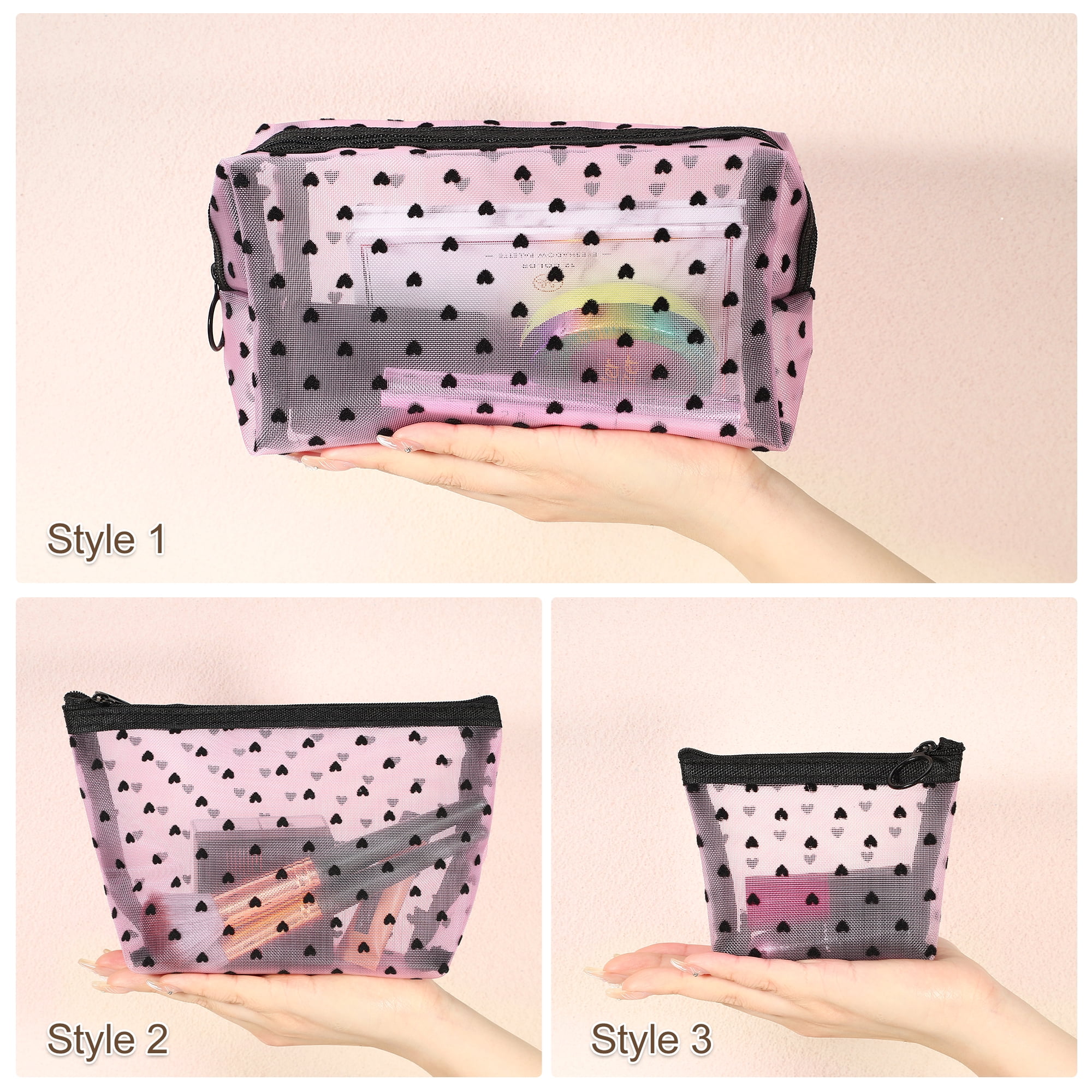Unique Bargains 3 Pcs Heart Shape Print Mesh Makeup Bag Clear Makeup Pouch w Zipper Pink