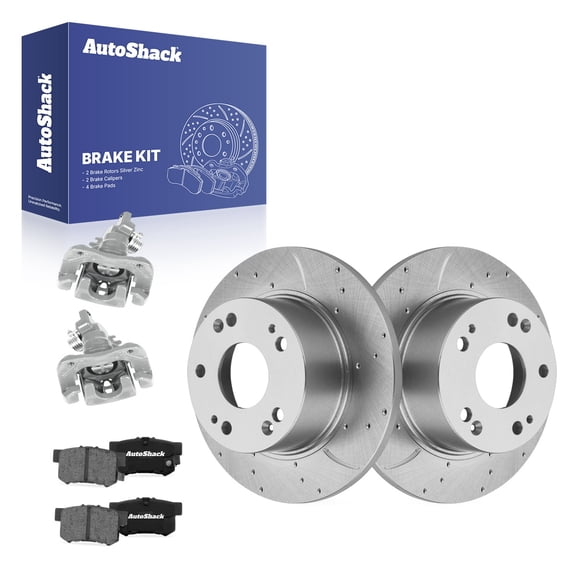 AutoShack Rear Solid Drilled & Slotted Silver Zinc Coated Brake Rotors   Ceramic Pads   Calipers 8-PC Brake Kit Replacement for 2003-2007 Honda Accord SilverShield Pro 10.24" (260 mm)